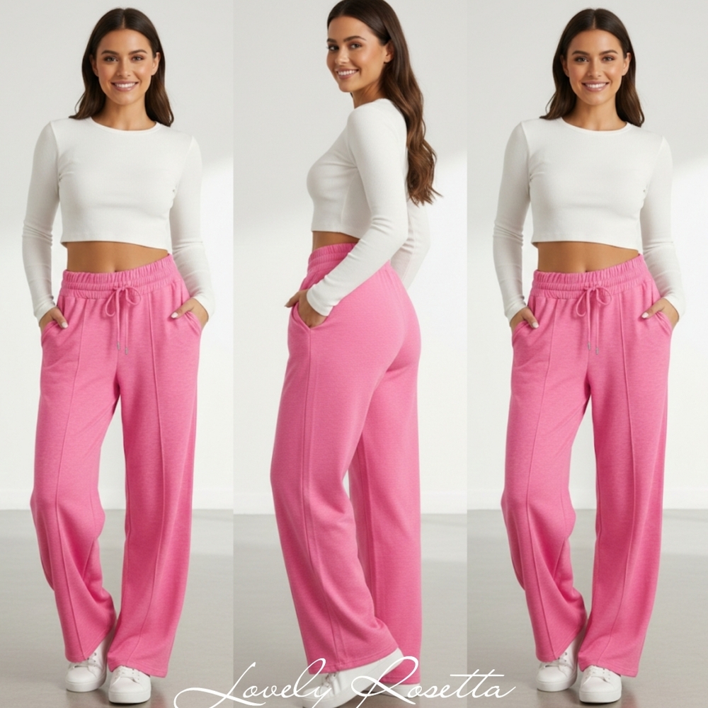 Women's Pink Wide Leg Drawstring Pants - Picture 4 of 12
